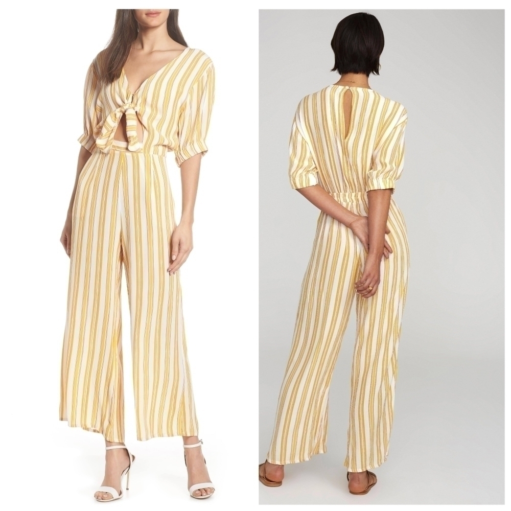 Faithfull The Brand Matese Striped Cut out bow Jumpsuit Size US 6 Butter Yellow